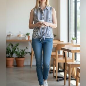 Vineyard Vines Blue and White Striped Button Down Shirt Sleeveless